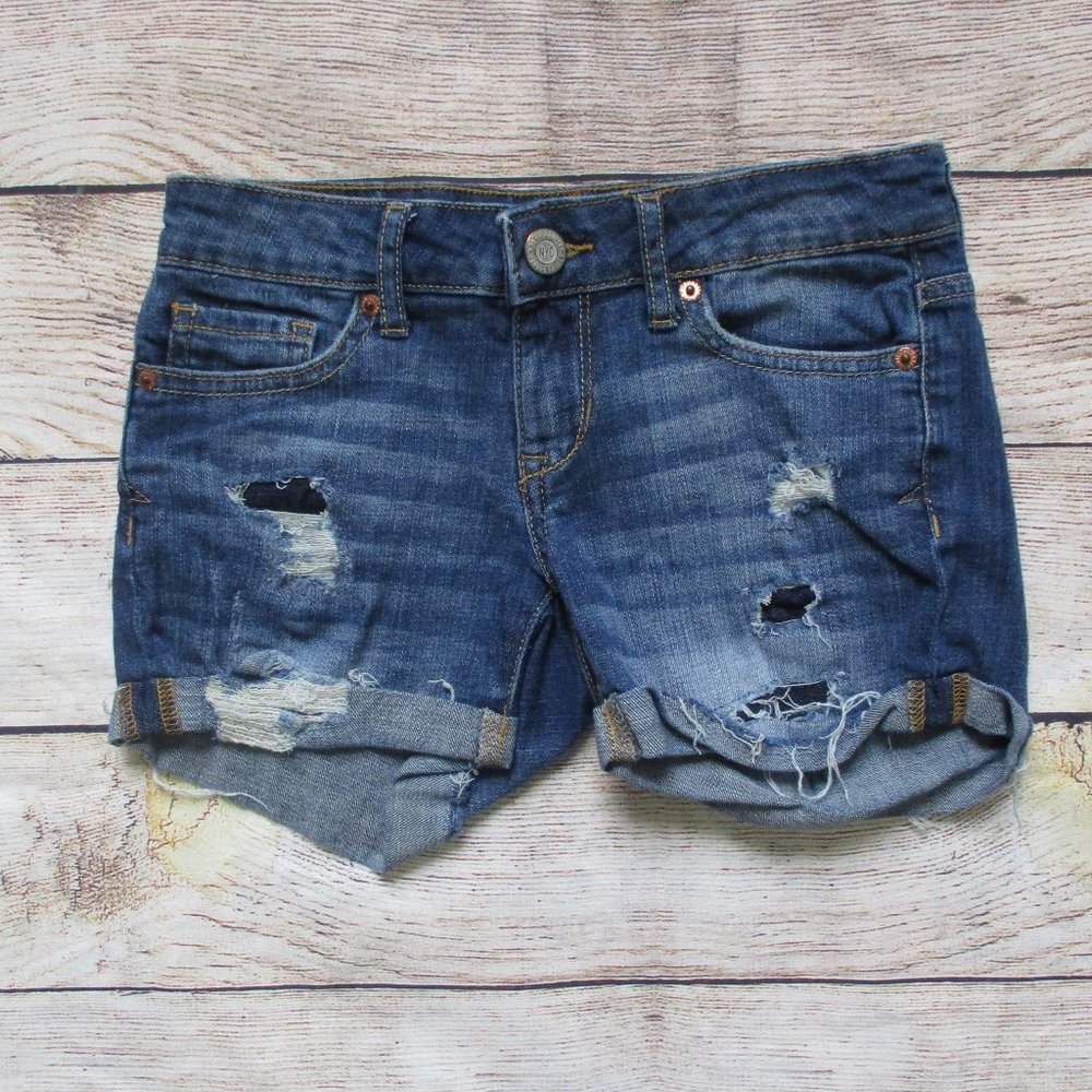 Aeropostale Distressed Midi Denim Shorts